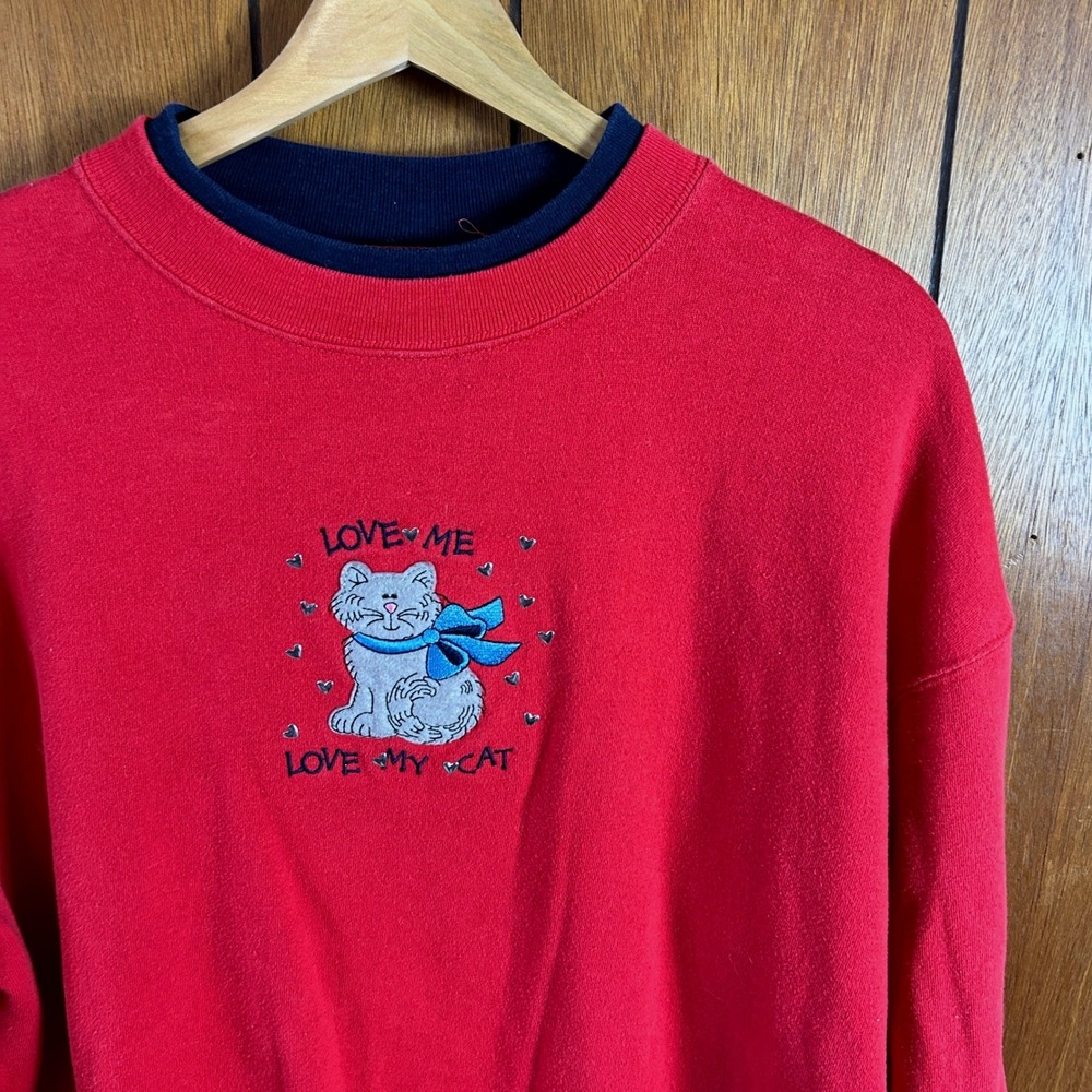 Vintage MC Sportswear Red Love Me Love My‎ Cat Embroidered Sweatshirt Large